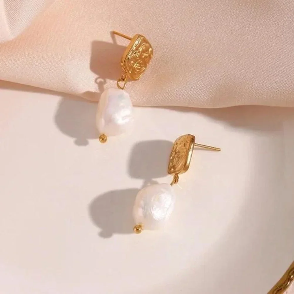 Gold Square Stud Fresh Water Pearl Drop Earrings, NICE EARRINGS, CUTE EARRINGS - Picture 4 of 7